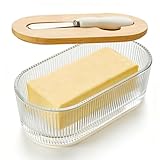 Glass Butter Dish With Lid For Countertop, Ribbed Glass Butter Dish With Bamboo Lid And Knife, Large Butter Container For East & West Coast Butter, Covered Butter Dishes For Refrigerator