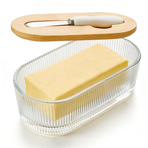 Glass Butter Dish With Lid For Countertop, Ribbed Glass Butter