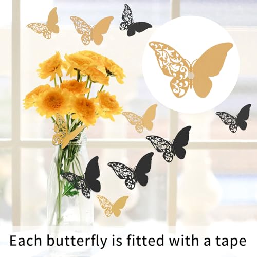 MultiValue 3D Schmetterlinge Deko, 12 Stück Schmetterling Wanddeko mit Kleber 3 Größe 3D Schmetterling Gartendekoration Wand Deko für Hochzeit Party Balkon Wand (12, Schwarz)