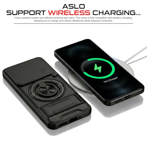 Image of AESTMO Moto Edge 70 Pro / 70 Pro Plus 5G Back Cover | Armor Camera Slider 360 Degree Rotating Finger Ring Holder Case with Bracket Stand Back Case Cover (Compatible with MagSafe Accessories) Black
