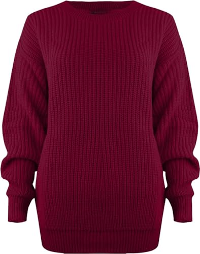 AJFASHION Womens Chunky Jumpers Ladies Oversized Baggy Jumper Knitted Sweater Thick Top Wine 24/26