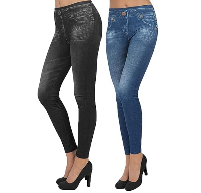 ShopINess Pack de 2 Jeggings Slim de Patrón Ajustado para Mujeres (1 Negro y 1 Azul, XXL 3XL)