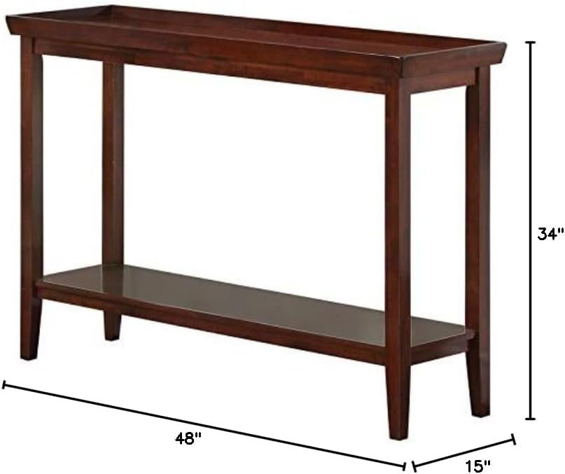 Pemberly Row Traditional Console Table, Espresso Wood Finish, 48 in Wide Solid Rubberwood Construction, Raised Tray Edges, Bottom Shelf, Tapered Legs, Classic Design for Living Room or Entryway