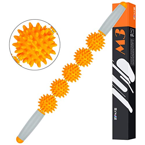 Muscle Roller Stick Podazz 5 Roller Balls Massager Athletes Runners Help Leg and Body Back Recovery for Trigger Points, Leg Cramps, Quads, Calf & Hamstring Tightness (Orange)