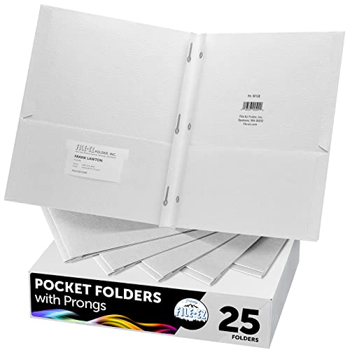 FILE-EZ Two-Pocket Folders with 3-Prong Fasteners, White Color, 25-Pack, Durable Textured Paper, Matte Finish, Letter Sheet Size (EZ-92510)