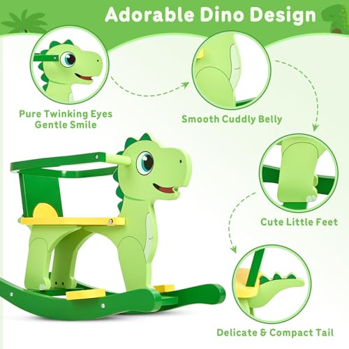 Image of FUNLIO Wooden Dinosaur Baby Rocking Horse Ages 0.5-3, Cute Baby Rocking Horse with Removable Fence & Backrest, Easy to Assemble Toddler Wooden Rocking Horse, CPC & CE Certified - Green