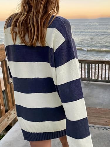 Women's Striped Color Block Crewneck Oversized Sweaters Casual Loose Fit Long Sleeve Knit Top 20252