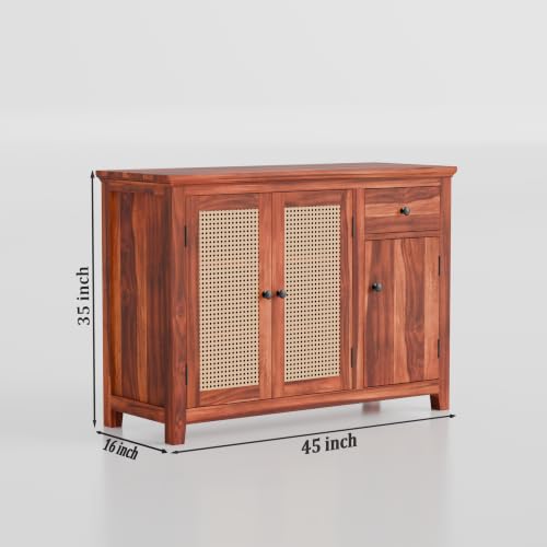 Image of Solid Sheesham Wood Sideboard Cabinet with 2 Cane Doors, Storage Shelves & Drawer | Wooden Storage Cabinet for Living Room, Dining Room & Hallway | Buffet Console Cabinet for Home Decor | Honey Finish