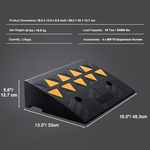 Rampa de caucho resistente para bordillos 2 unidades, altura de elevación 5", capacidad de 15 toneladas, con superficie antideslizante, negro con tiras reflectantes miniatura 7