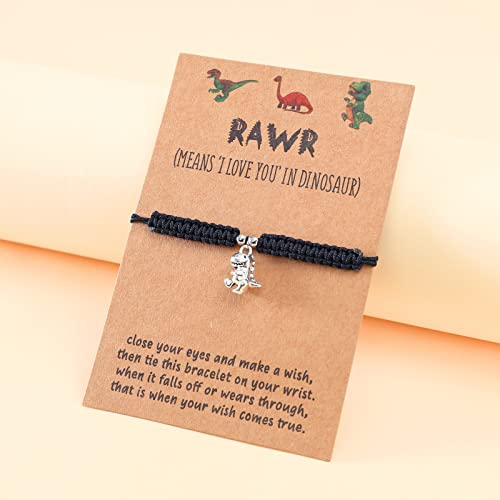 Image of HUJUON Cute Animal Dinosaur Bracelet,Handmade Braided Rope Wax Thread Tyrannosaurus Dinosaur Bracelet Promise Friendship Bracelet Gifts Card