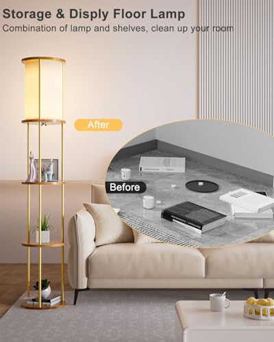 Image of Lightdot 61 inch Floor Lamp with Shelves, Modern Gold Floor Lamp with Fabric Shade and 3- Tier Solid Wood Table Attached, Corner Bookshelf Lamps with 3000K Bulb Included for Sofa Beside /Corner Decor
