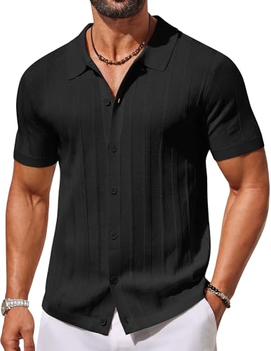 COOFANDY Mens Vacation Shirts Casual Knit Button Down Shirts Short Sleeve Polo Shirt Summer Beach Shirts Black