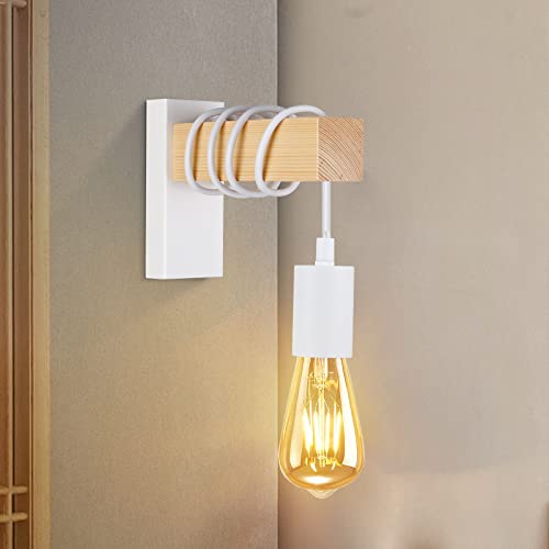 Applique Murale Rétro, Lampe Murale en Bois, Longueur de câble Ajustable, Douille E27, Design Vintage Industriel, Rétro Applique pour le Couloir, Maison, Bar, Café, Chambre, Salon, Sans Ampoule