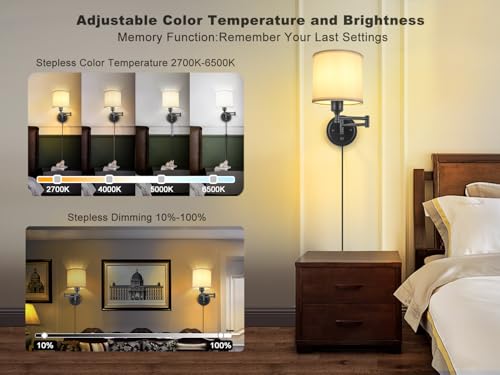 Image of Plug in Wall Sconces with Remote Control, Dimming 10%-100% & Adjustable Colors 2700K-6500K, Hardwire or Plug-in, Swing Arm Wall Lamp with White Fabric Shade, Wall Sconces Set of Two, Black Finish