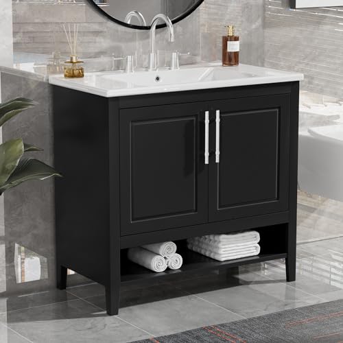 Condition photo showing New/Like New for 36" bathroom vanity with sink, multi-functional bathroom cabinet with doors and drawers, mdf frame and mdf board, black
