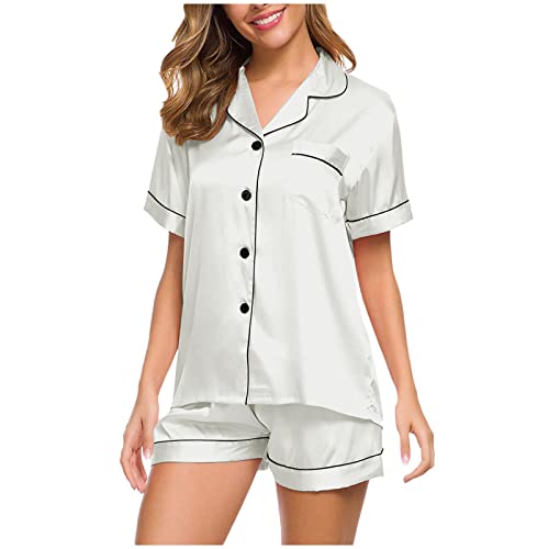 Conjunto de lencería de Mujer Traje Corto Pijama Camisón Ropa Interior Suelta Pijama de Dormir Pijama Corto Nuevas Mujeres Pijama de Mujer Conjuntos de satén Íntimos (White XXL)