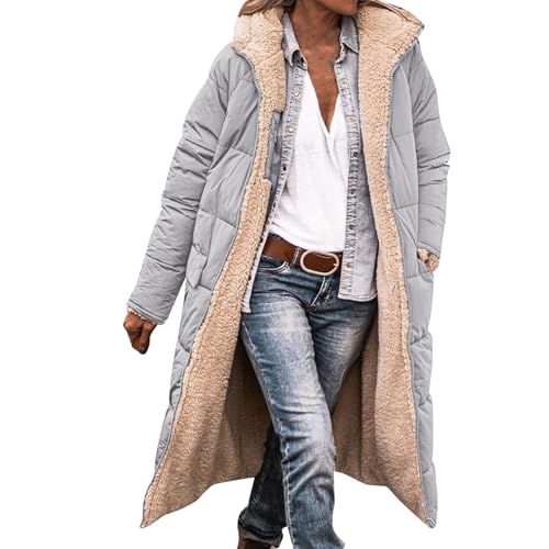 YCBMINGCAN Abrigo largo de invierno para mujer con capucha, abrigo reversible con forro de peluche y abrigo acolchado lateral, abrigo de felpa cálido, chaqueta de entretiempo forrada para otoño e