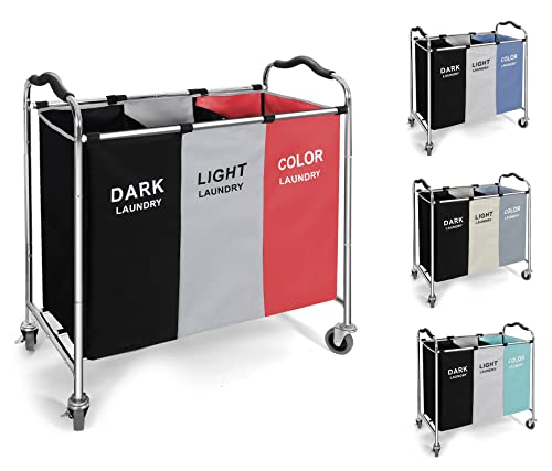 Laundry Hamper, Large Blanket Storage Basket Sorter 3 Section Bag Organizer For Dirty Clothes - 16 X 30 X 35 Inch Heavy Duty Laundry Cart Baskets With Wheels In Laundry Room Organization -Red #TOP4