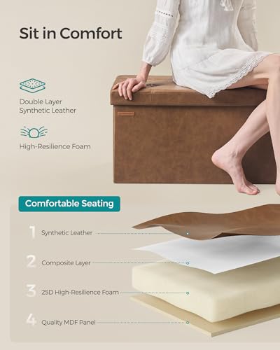 Image of SONGMICS Mazie Collection - 30 Inches Folding Storage Ottoman Bench, Ottoman with Storage, Foot Rest Stool, Load 660 lb, for Living Room, Synthetic Leather, Coffee Brown ULSF040K11