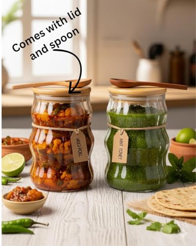 Image of SUANI Air Tight Wave Glass Jar Container with Wooden Lid and Spoon for Home and Kitchen | Odor Free Storage Jar | Jars For Spices, Dry Fruits, Grains and Kitchen Storage, (500Ml) (Pack Of 2)