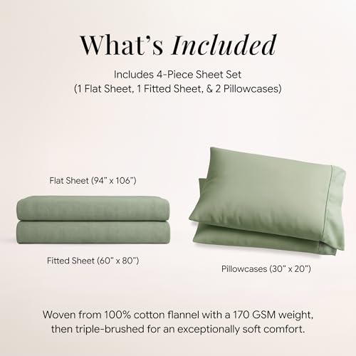 Image of Tribeca Living Triple Brushed Soft Cotton Flannel Sheets Set, Queen Size 170-GSM Weight Extra Deep Pocket Sheet in Solid Green Color