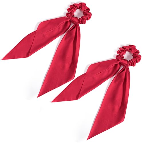 2 Stück Chiffon Scrunchies Bowknot Haargummis Rot Elastische Haargummi Damen Rot Schleife Scrunchie mit Lange Bunte Scrunchies mit Schleife Silk...