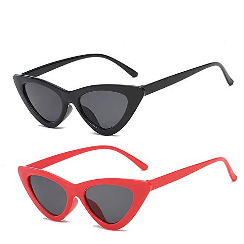 YOSHYA Retro Vintage Narrow Cat Eye Sunglasses for Women Clout Goggles Plastic Frame (Black Grey + Red Grey)