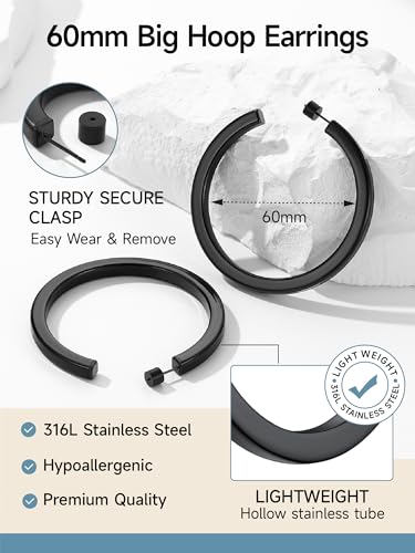 Image of Stainless Steel Chunky Hoop Earrings For Women, Minimalist and Chic, Black /Gold Plated, Round Hoops Earrings Hypoallergenic, Size: 30mm /40mm /60mm /80mm, Come with Box