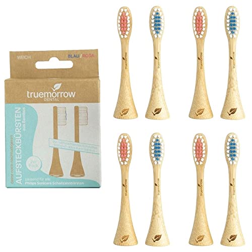 truemorrow Aufsteckbürsten aus Bambus für Philips Sonicare Schallzahnbürsten 8er Pack | plastikfreier, biologisch abbaubarer Griff | Mittlere Borsten | Blau Rosa Cover