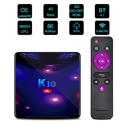 Android 9.0 TV Box, K10 Android TV Box S905X3 Quad-core 64bit Cortex-A55 CPU Mali-G31 MP2 GPU Smart TV Box soporte 3D 8K Ultra HD 2.4/5.0GHz Dual WiFi