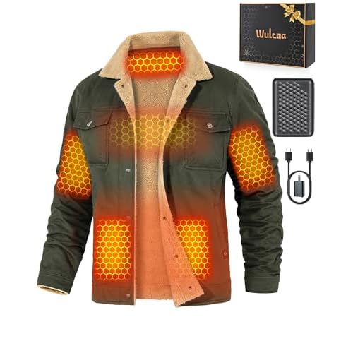 Wulcea Graphene Heated Jacket for Men 12V Fast Charge 18400mAh Large Capacity Small Army Green
