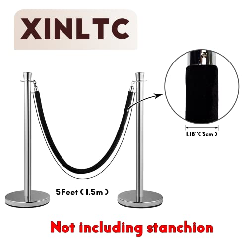 2 pcs Black Velvet Stanchion Rope, 5 Feet Crowd Control Safety Barriers with Polished Silver Hooks, Thick Stanchion Queue Barrier Rope for Carpet Events Movie Theaters Grand Openings