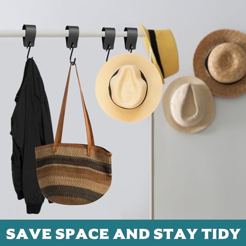 IYEREER 6 Stück S Haken Schwarz mit Lederschlaufe, Kleiderhaken für Kleiderstange, S Garderobenhaken Schwarz, Leder Metallhaken zum Einhängen Küche Badezimmer Stange Fleischerhaken