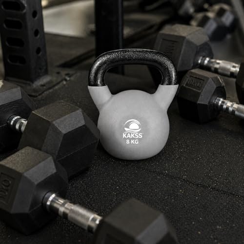 Image of KAKSS Half Coating Neoprene Kettlebell, 8kg Grey Cast Iron Kettle Bell with Non-Slip Grip Handle for Strength Training, Home Gym Workout Equipment for Men & Women (Proudly Made in India)