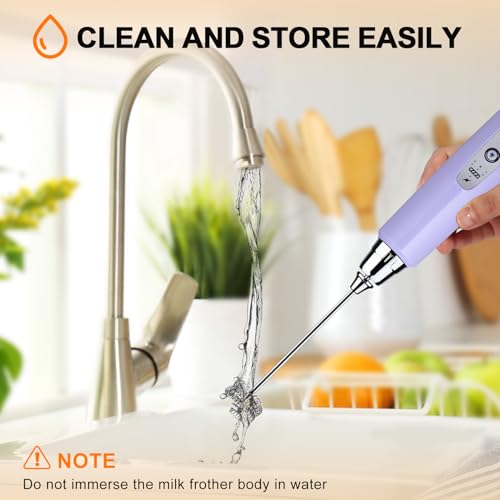 Image of YUSWKO Light Purple Rechargeable Milk Frother for Coffee with Stand, Handheld Drink Mixer with 3 Heads 3 Speeds Electric Stirrers for Latte, Cappuccino, Hot Chocolate, Egg