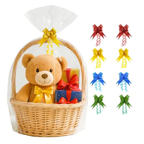 Volokitx 7-Pack 40x50 Inch Clear Cellophane Bags with 8 Colorful Pull Bows Extra Large Cellophane Wrap for Gift Baskets Baby Showers Raffles and Charity Auctions