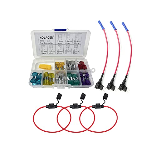 KOLACEN Automotive Car Truck Mini Blade Type Fuse Assorted Kit 81 Pieces + 3 Pieces in-line 16 Gauge Mini Fuse Holder + 3 Pieces 16 Gauge Add-a-Circuit Fuse TAP Adapter