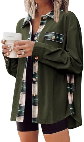 Zeagoo Womens Corduroy Flannel Shacket Jacket Casual Plaid Button Down Shirts Long Sleeve Fall Tops with Pockets