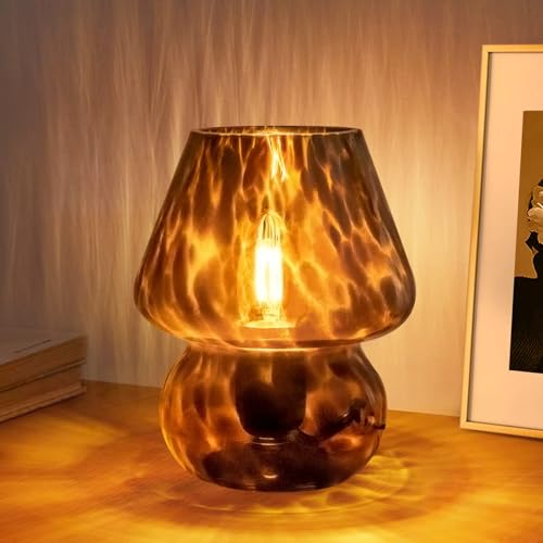 ONEWISH Lampe champignon, petite lampe de table vintage pour chambre à coucher, table de chevet, verre translucide, intensité variable, décoration d'intérieur esthétique Murano pour salon, cuisine,
