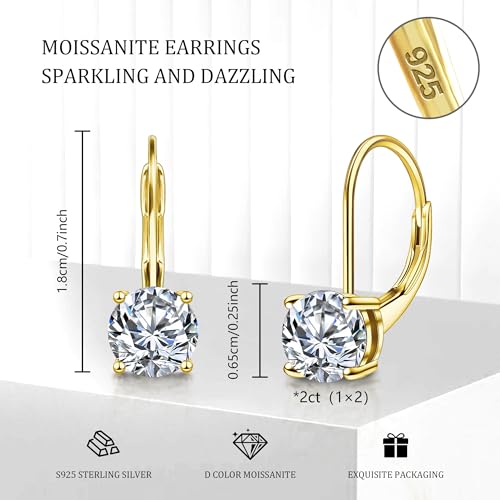 Moissanite Earrings, White Gold Plated Soild Sterling Silver Dangle Earrings 1.0ct-2.0ct D Color Brilliant Round Cut Lab Created Moissanite French Leverback Drop Earring for Women2