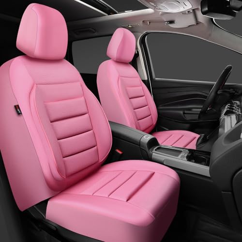 Image of CAR PASS Pink Leather Seat Covers Full Set Universal Water Resistant 3D Foam Back Support, Luxury Comfort Automotive 5 Seat Covers for Women All Season Fit SUV,Sedan,Van, Airbag Compatible Pink
