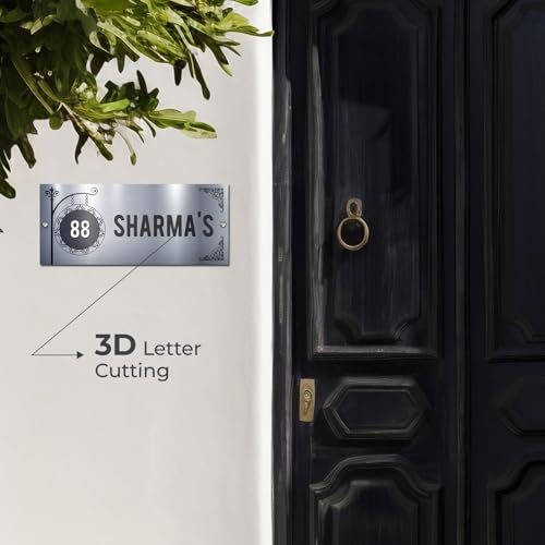 Image of BEE CREATIVE Customise Name Plate for Home Entrance (Timeless Silver) | Modern Wooden Name Plate for Main Door, Outdoor Name Board, Stylish Design for Flats, Apartments