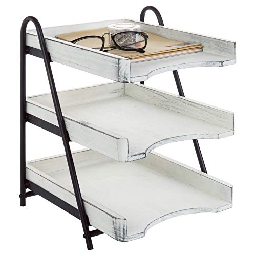 MyGift 3 Tier Vintage White Wood Letter Tray Desktop Organizer with Black Metal Stand, Office Desk Paper Document Sorter, Wooden Upright Filing Folder Rack