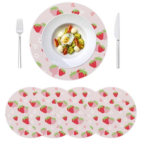 Round Placemats Set of 4, Pink Sweet Strawberry Heat Resistant Placemats, Washable Romantic Placemats for Party Decoration, Dining, Wedding, Dessert Shop, Cute Cartoon Pattern Design, 15.35 Inch