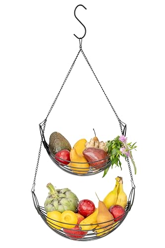 April & June 1234 Hanging Fruit Basket For Kitchen (Black)- 2 Tier Canoe-Shaped Iron Hanging Kitchen Baskets cover