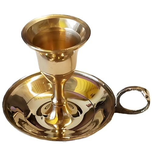 Brass Chamberstick Taper Candle Holder - Vintage 3” Candle Holder with Handle - Solid Brass Finish - Fits Standard 7/8