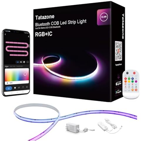 Tatazone 32.8ft Bluetooth RGB Smart IC COB Led Strip Light with App, Chasing Led COB Light Strip, Segmented Control, Music Sync, Color Changing Led Lights for Home Decor, Gaming, Cabinet, Desk Cover