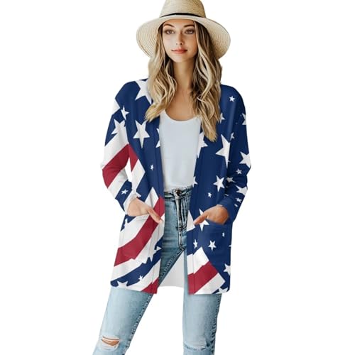 Xpyeesfuen American Flag Womens Casual Lightweight with Pocketes Long Sleeve Open Front Cardigan Comfy Warm Fall Winter Coat Jacket V-Neck Boyfriend Style