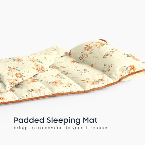 Image of Wake In Cloud - Toddler Nap Mat with Pillow and Blanket, 100% Cotton Fabric, for Kids Girls Ages 3 Plus in Daycare Kindergarten Preschool, Roll Up Sleeping Bag, Floral Flowers