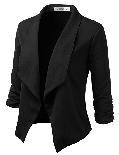 DOUBLJU Ruched 3/4 Sleeve Open Front Draped Blazers Business Casual Basic Work Jackets for Womens Clothes with Plus Size Black